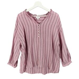 J Jill LOVE LINEN Pink Striped Button Neck Henley Ruffle Shirt Womens Medium